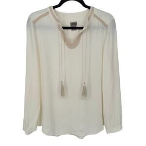 Chico's Long Sleeve Top Cream Long Sleeve Embroidered Tassel Work Relaxed 10